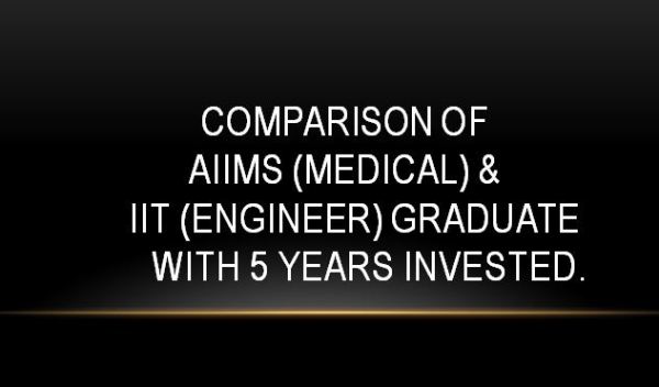 Comparison of AIIMS (medical) and IIT (engineer) graduate with 5 years invested. Why doctors do not deserve better salaries? Let us compare the start of career for medical and engineering graduates. To have a balance, comparing apples to apples, comparison of AIIMS graduates (premier institute –medical) to IIT graduates (Premier institute -Engineering) looks justified. This goes without any need to emphasize that students selected in both are exceptionally brilliant and toppers of the country. Although this comparison is not a secret and everyone knows about it, but still it need an attention from a different point of view. It should be an eye opener not only to medical students or aspiring doctors but to the society as well. It projects the severe disparity to an extent of blatant injustice towards medical students. When engineering students after a course of 4 years (at 21 years of age )are placed with package of 1.2 to 3.6 crores (1-4 lakh dollars), the medical students are starting with internship. Medical students still need to study for at least 5 years more (at 21 years of age ) to start earning maximum 12 -15 lakh per annum